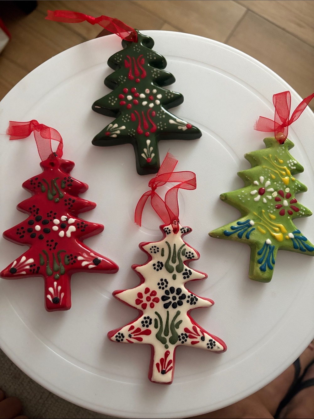 Hand-Painted Ceramic Christmas Tree Ornaments - Assorted Colors set of 4